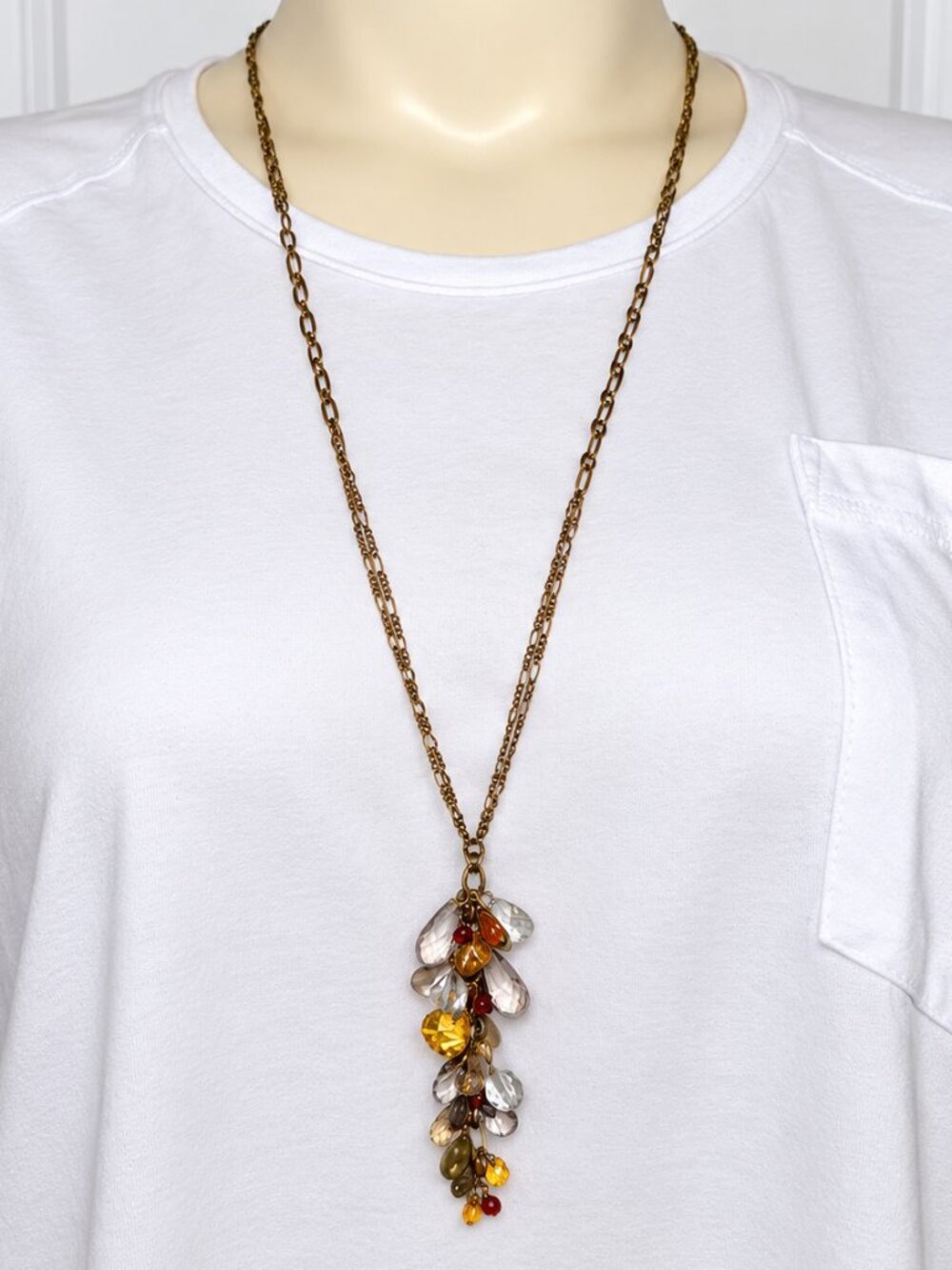 LOFT Long Crystal Beaded Cluster Pendant Necklace Gold Tone